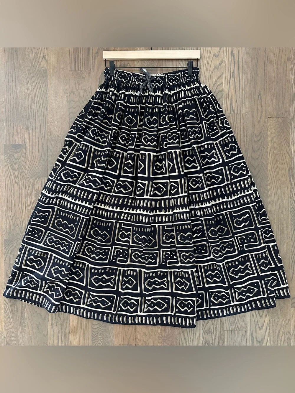 Vintage Bohemian Mudcloth Print A-Line Maxi Skirt Tie Waist Black Multi Large